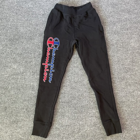 Champion Sweatpants Mens Small Reverse Weave Joggers Black Spellout Logo P1 - Picture 1 of 11